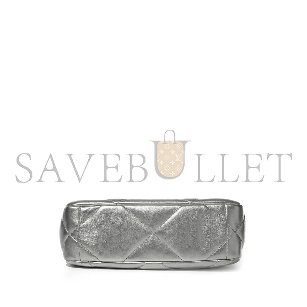 CHANEL 19 FLAP BAG SILVER QUILTED LAMBSKIN GOLD AND RUTHENIUM HARDWARE AS1160 (26*16*9cm)